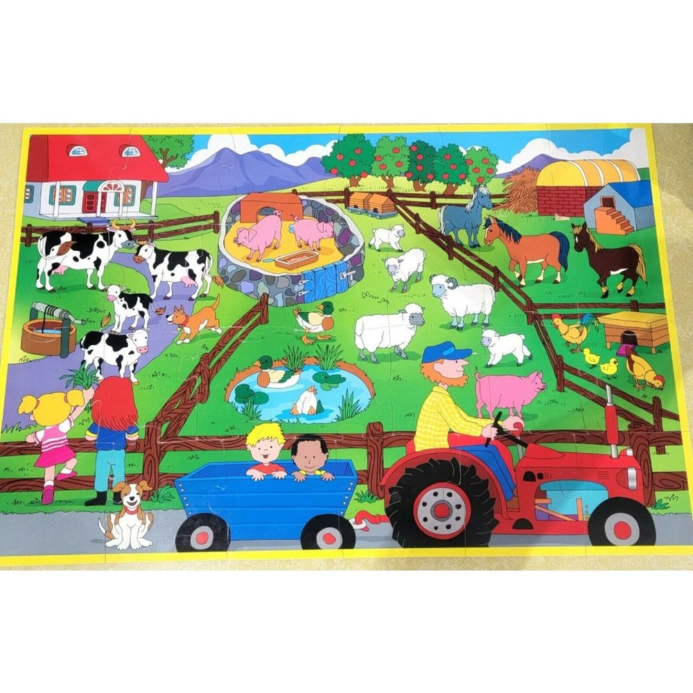 JUMBO 26 piece kids' Wooden FARM scene JIGSAW FLOOR PUZZLE 36x24 First Learning
